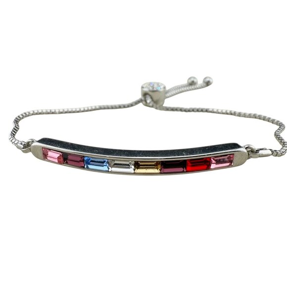 Adjustable Silver-Tone Box Chain Bracelet With Multi-Colored Glass Stones - Picture 1 of 7